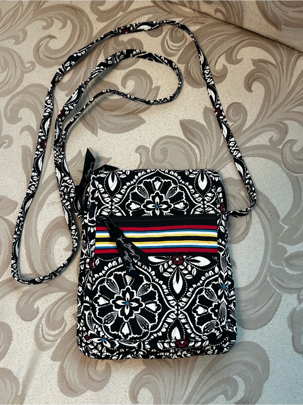 Vera Bradley Mini Hipster Crossbody Bag Purse Floral Stripes Black Red Yellow